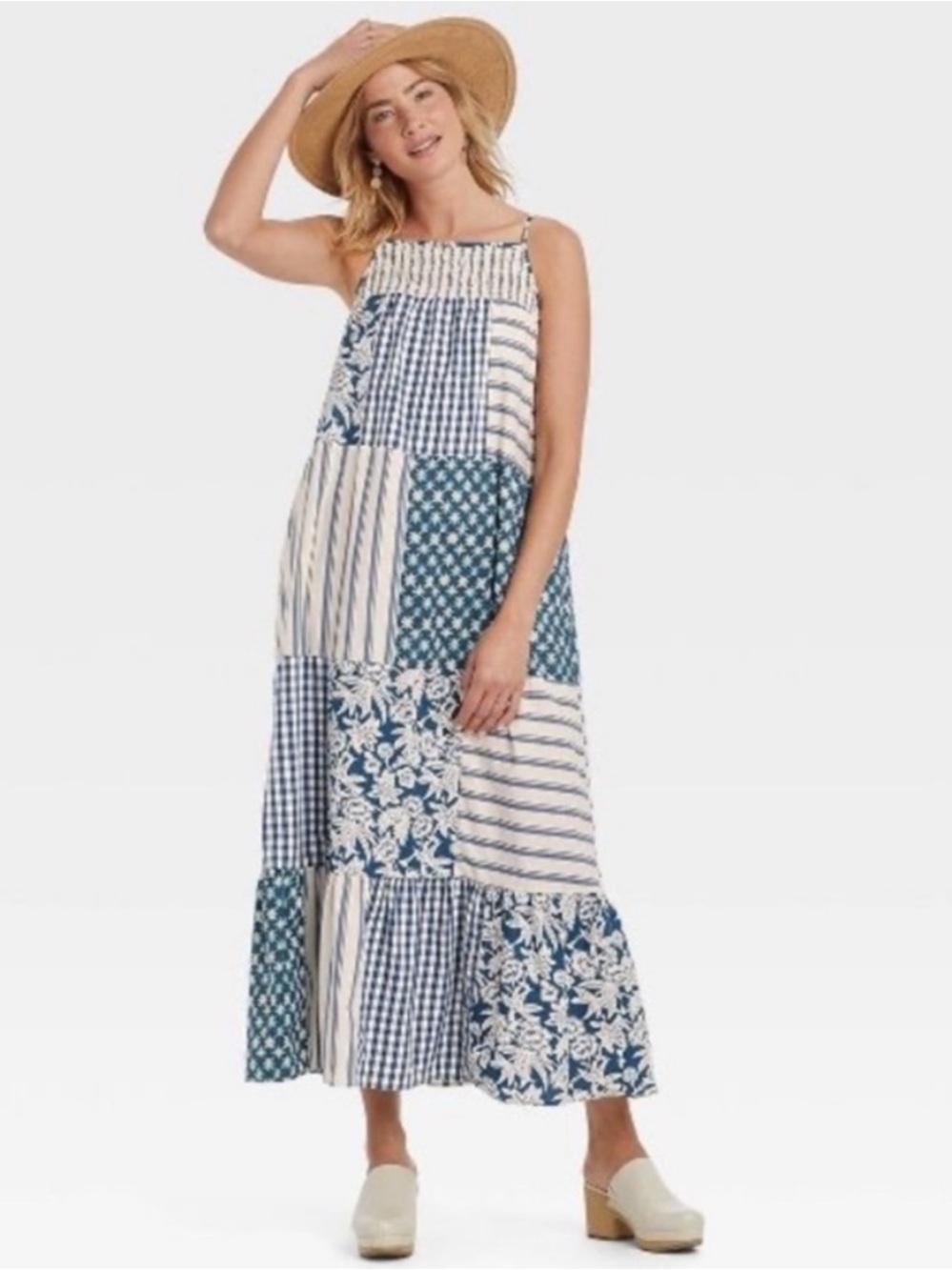 Universal Thread Blue and Cream Patchwork Maxi Dress Skirt Size Medium